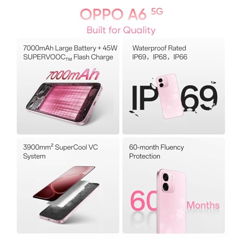 Image of OPPO A6 5G Smartphone 6GB+256GB White | 6.7-inch 120Hz Display, 7000mAh Battery, 45W Fast Charging, 8MP & 50MP Camera, Dimensity 6300 Processor, IP69