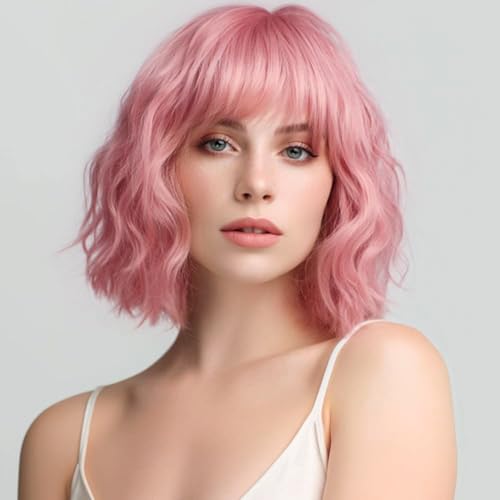 Perruque courte rose ondulée Bob synthétique aspect naturel 12 pouces pour femme