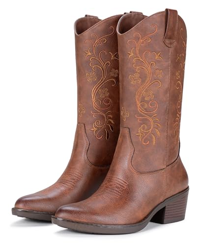 Vepose Women's Brown Cowboy Boots Mid Calf, Floral Embroidered Western Cowgirl, Pointed Toe Low Chunky Heel Pull On, Botas Vaqueras, Walk Country Concert Dance Size 6, (CJY9802 brown 06)