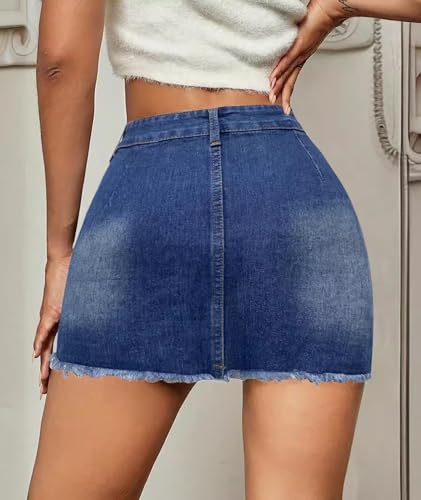 xxxiticat Women's High Waist Denim Skirt Front Button Closure Ripped Bodycon Frayed Raw Hem Blue Mini Jeans Skirt4