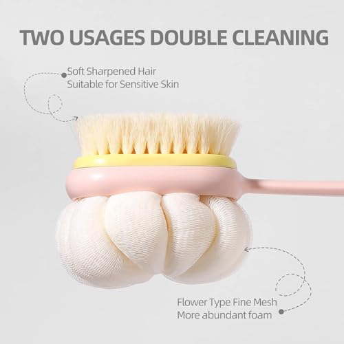 Image of KLIMET 2-in-1 Silicone Body Bathing Brush with Long Handle | Soft & Firm Bristles Back Scrubber for Deep Cleaning, Exfoliation & Dirt Removal | BPA-Free Shower Brush for Men & Women (Multicolour)