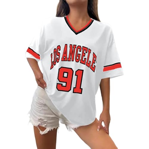 Camiseta de béisbol para mujer Los Ángeles de gran tamaño Y2k Number Shirts Graphic Stripe Ribetes Camisa de ocio Cuello V Streetwear Striped Graphic Tee Casual Top Verano Camiseta Deportiva, O rojo