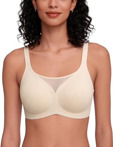 Bresdk Brassière Femme Soutien Gorge sans Armature Push Up Maintien Renforcé Taille Grande Crémeux XL