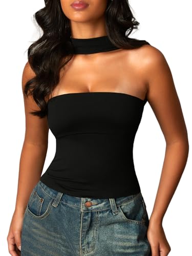 Strapless Halter Tube Top Backless Going Out Tops for Women Cute Club Rave Top Off Shoulder Open Back Bandeau Shirts