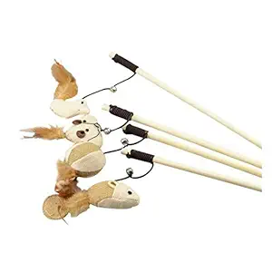 THE DDS STORE Cat Teaser Interactive Cat Wood Wand with Bell Long Elastic String Kitten Feather Teaser Cat Toy (Design May Vary) 1.Pc