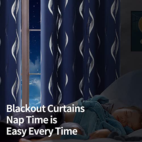 Image of BGment Wavy Navy Blue Blackout Curtains 72 Inch Length 2 Panels Set, Thermal Insulated Privacy Grommet Window Drapes for Kids Boys Bedroom, 52 x 72 Inch