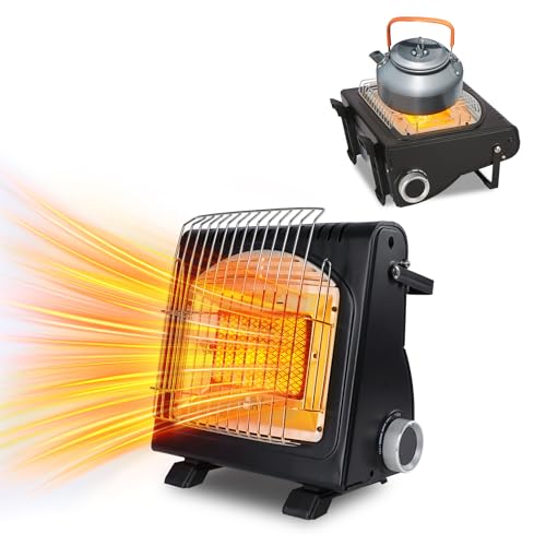 2 in 1 Portable Butane Heater & Stove with Self Ignition, Safe & Cordless Non-Electric for Camping, Tents, Outdoor and Garage Use, Emergency Butane Gas Heater for Hunting Blinds, Patios