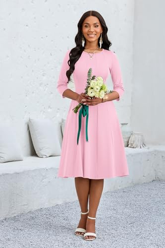 Image of CLOCOR Casual Midi Dresses for Women A-Line Fit and Flare Elegant Church 3 /4 Sleeve Crew Neck Dress with Pocket