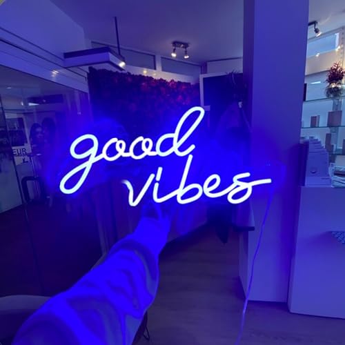 Image of Large Blue Neon Good Vibes Signs LED Dimmable USB Powered Cood Vibes Banner Decorative Night Lights Neon Lamps for Bedroom Living Room Apartment Bar Wedding Party Wall Background Decor Art, 16.5x8IN