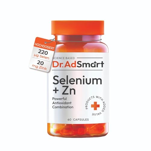 Selen + Zink - Hochdosiert 220 g Selen mit 20 mg Zink - Aus Selenhefe - Für Immunsystem & Haut Haare Nägel - 60 Kapseln - Laborgeprüft - Dr.AD Smart - GMP Qualität