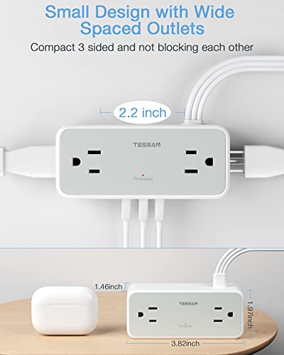 Ultra Thin Flat Extension Cord, Tessan Surge Protector Flat Plug Power Strip 4 Wide Spaced Ac Outlets 3 Usb, 900 Joules 5Ft Extension Cord For Home Office Dorm #TOP4