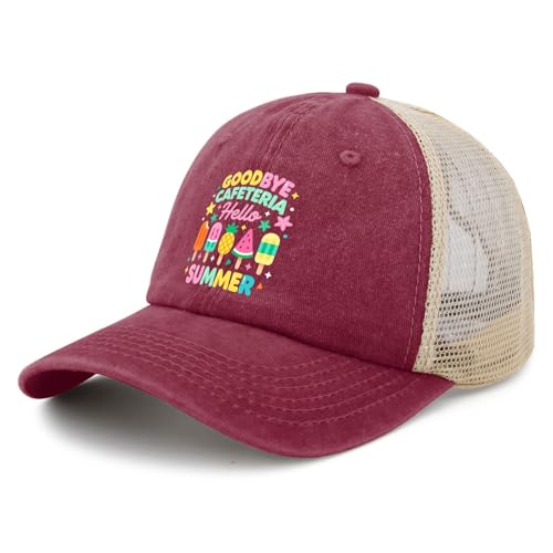 Goodbye Cafeteria Hello Summer Lunch Lady End of School Year Hats for Womens Funny Washed Deep Rose