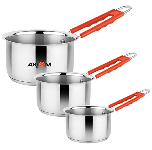 AXIOM Stainless Steel Saucepan Set of 3 Pans with Silicon Handle and TRIPLY Induction Thick Base for Boiling Milk & Tea (1000 ML, 1500 ML & 2000 ML)