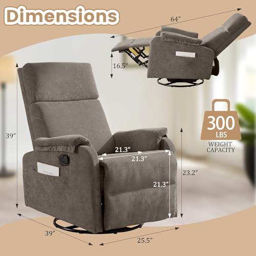 Image of Korser Recliner Chair, Swivel Rocking Recliner Chair for Adults, Glider Rocking Chair, Small Nursery Chair Recliner for Living Room, Reclining Chair with Modern-Designed Armrests, Chenille, Brown