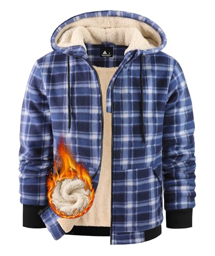 Image of Mens Plaid Hoodies Winter Zip Up Fleece Jacket Sherpa Fleece Lined Warm Flannel Jacket Coat
