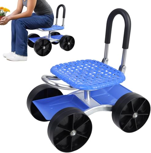 tekrabea Rolling Garden Seat, Foldable Garden Stool, Gardening Seat with Storage Shelf, Adjustable Height Gardening Cart, Blue