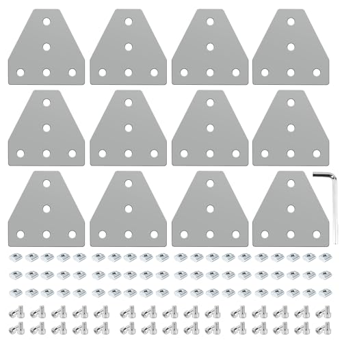 12 Set Silver 2020 Corner Bracket Joint Plate T Shape 5 Hole Aluminum Extrusion Connector with 60Pcs T-Nuts, 60Pcs Screws and 1Pcs Wrench for 20 x 20mm Series Aluminum Extrusion Profile