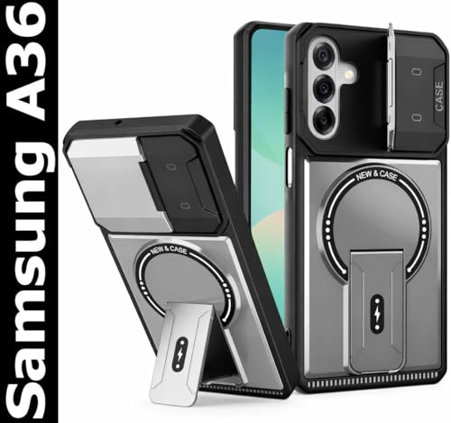 Image of Knotyy Sliding Camera Case for Samsung Galaxy A36 5G with 360 Ring Kickstand | Camera Lens Protector | Kickstand for Samsung Galaxy A36 5G (Grey)