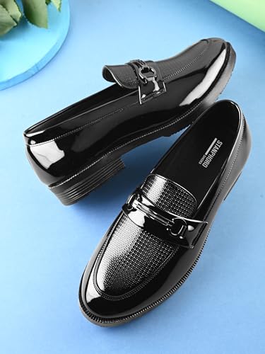 Image of STANPHORD Men Glossy Horsebit Loafer Shoes | Shiny PU Slip-On Moccasins | Cushioned Anti-Slip | Office Formal Party Business Wear(TPSL 25013)