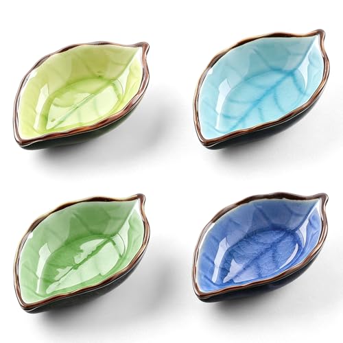 Cisixin 4 Pcs Plat de Sauce, Assiettes en Céramique Petit Plat Forme des Feuilles, Plaque en Céramique pour à Sauces ou à Condiments Faits Main