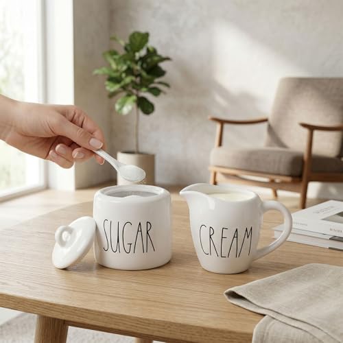 Sugar and Creamer Set, Cream Container and Sugar Holder Set for Coffee Bar, Farmhouse Sugar Bowl with Lid and Spoon, Ceramic Sugar Dispenser and Creamer Pitcher Set for Countertop (White)
