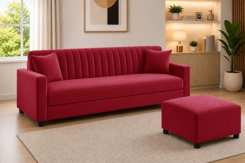 Image of 3 Seater Sofa with Ottoman | Modern Upholstered Couch | Vertical Channel Tufted Backrest | Comfortable Cushioned Seating | Contemporary Sofa Set for Living Room & Office - Red Color