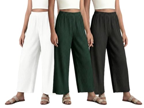 Image of Set of Combo Trouser and Pants for Girls and Women's Relaxed Fit Stretchable Regular Fit Palazzos Lightweight Elastic Waistband Bottoms for Daliy Office & Casual Wear