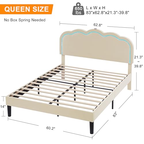 VECELO Upholstered Queen Size Bed Frame with Headboard Adjustable, LED Lights, USB-A & Type-C, Velvet Platform Bed Noise Free, Mattress Foundation with Wooden Slats, No Box Spring Needed, Beige