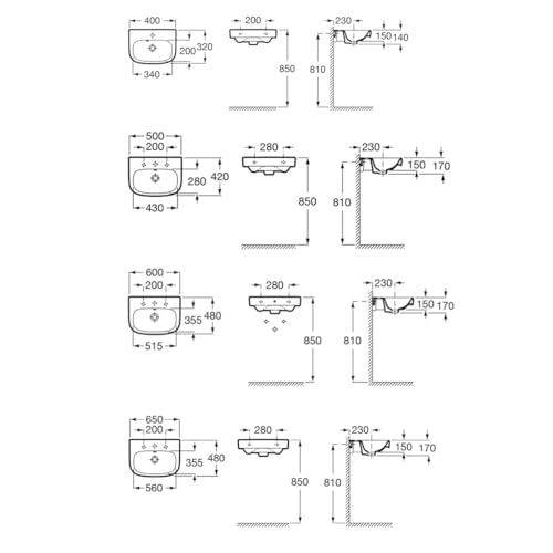 Roca A325994000 Waschbecken aus Porzellan, Wandmontage, 600 x 480 x 150 mm, Kollektion Debba, Weiß
