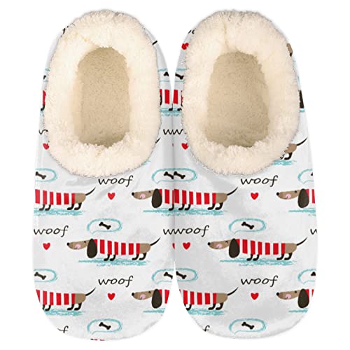 Lindas pantuflas de Dachshunds Woof para mujer, calcetines de casa con forro de felpa, pantuflas de espuma viscoelástica con diseño de perro a rayas de dibujos animados, zapatos cálidos y cómodos para