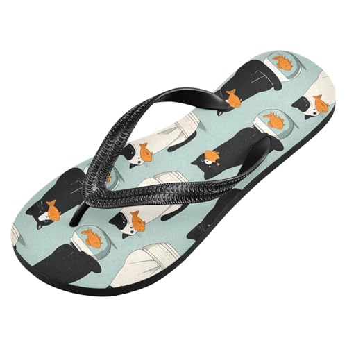 ALAZA Black White Cat with Fish Flip Flops for Women Fashion Beach Slippers Comfort Mens Flip Flops Non-Slip Rubber Shower Slippers Sandal for Hotel Travel Sport,XS2
