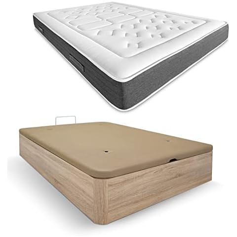 DUÉRMETE ONLINE Cambria Viskoelastische Matratze Bio Nature, Dicke 24 cm + aufklappbares Holzbett, großes Fassungsvermögen, Farbe, Holz Polyurethan Cover