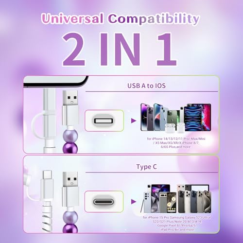 Image of Aolcev USB C Cable for iPhone Charging Cord 3.3FT 2 in 1 Multi Cute Beaded Phone Charger MFi Certified USB A to USB C and IOS Fast Charging Cable Type C Charger Cord for iPhone 16 15 14 Pro Max Purple