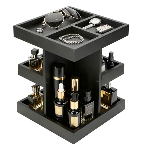 Gallkeat Cologne Organizer for Men, 3-Tier Perfume Stand with 360° Rotation, Large Capacity Wood Cologne Shelf for Desk, Nightstand Organizer, Dresser, Birthday Christmas Gifts for Men (Black)