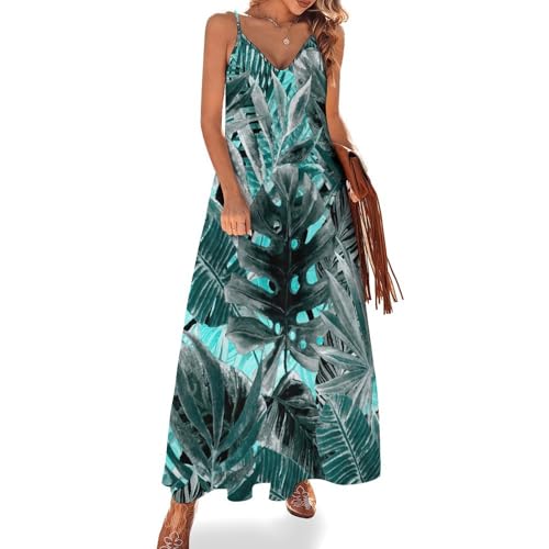 Robe longue feuilles tropicales bleues d'été sans manches pour femme taille haute