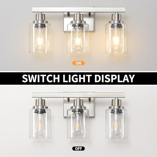 Image of 3-Light Bathroom Light Fixtures, Nickel Bathroom Vanity Light with Clear Glass Shade, Modern Bathroom Wall Lights Over Mirror, Farmhouse Wall Sconces Lighting for Bedroom Living Room