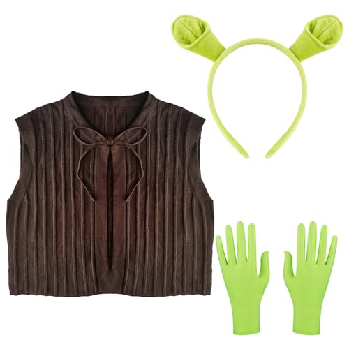 Hifot Orco Cerchietto Adulto Uomo Cerchietti per Capelli con Orecchie Peluche Gilet Marrone Guanti Verdi Corti Accessori per Cosplay Costume Orco Verde Halloween Carnevale Donna 3 Pezzi