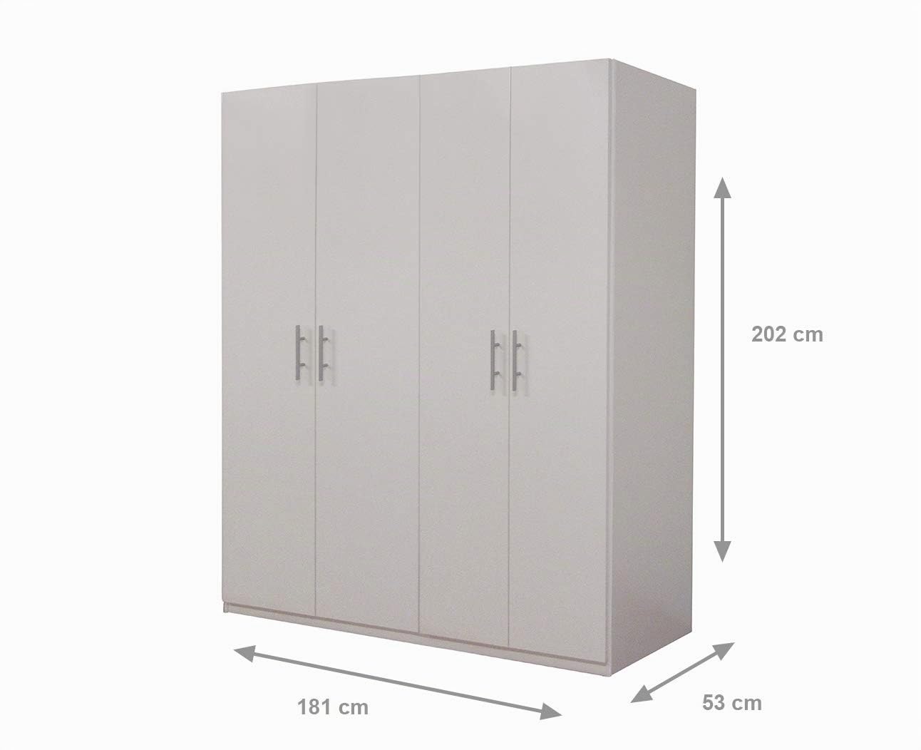 Dmora armadio 4 ante battenti,bianco opaco, cm 133x53x202, con tubo appendiabiti