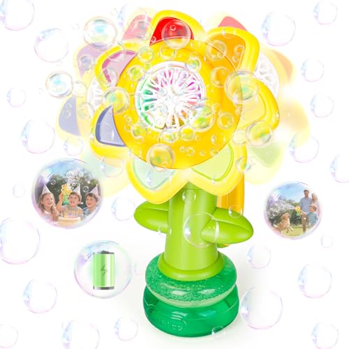 JoiTale Seifenblasenmaschine für Kinder Wiederaufladbare Tanzende Sonnenblumen-Seifenblasenmacher mit LED-Licht Automatischer Seifenblasenbläser mit 3 Modi luftblasen Maschine für Party Geschenk