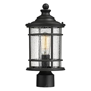 Emliviar Outdoor Post Light Fixtures, 15 Inch Farmhouse Modern Lamp Post Lighting for Outside, Black Finish with Seeded Glass, XE229P BK
