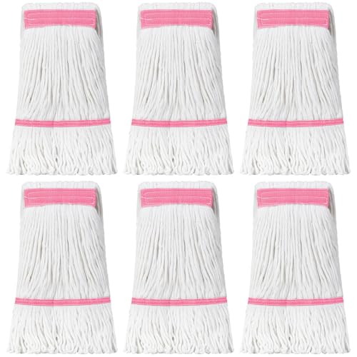 Image of Eccliy 6 Pack Commercial Mop Heads Replacement Heavy Duty 18 oz Loop End Cotton String Wet Mop Refills Washable Absorbent Reusable for Industrial Home Tile Wood Concrete Floor (White,Pink)