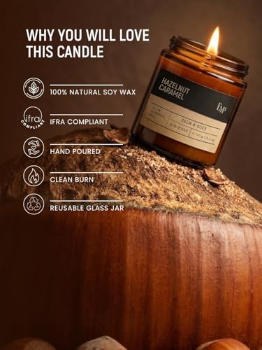 Image of EM5 Hazelnut Caramel Aromatherapy Scented Candle | Hand Crafted Gourmand Candle | 100% Natural Wax & Wick | Upto 40 Hrs Clean Burn | Smokeless & Non-Toxic | 100gm