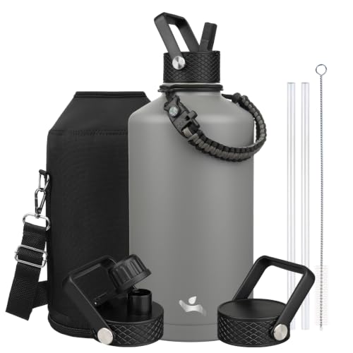 Image of Konokyo Gallon Insulated Water Bottle with Straw,128 oz 3 Lids Water Jug with Carrying Bag,Paracord Handle, Double Wall Vacuum Stainless Steel Metal Flask,Gray