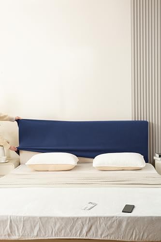 Image of HOMETHREADS Stretchable Lycra /Velvet Headboard Cover | Soft, Dust-Proof & Wrinkle-Resistant Bed Back Protector | Fits Leather, Wooden & Fabric Bedsides | for 5ft to 6.5ft Beds | (Navy, 150x65cm)