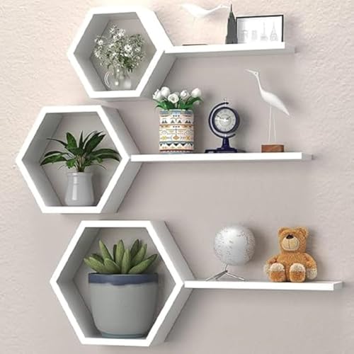 Image of Engineered Wood Woden Hexagonal Shape Wall Hanging Rack Floating Shelves for Display for Photos,Plants Living Room, Bedroom,Bathroom, Kitchen, Office Decor (White)