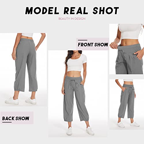 Tba Women's Casual Pants Summer Wide Leg Capris Drawstring Elastic High Waist Cotton Cropped Trousers With Pockets Gray #TOP5