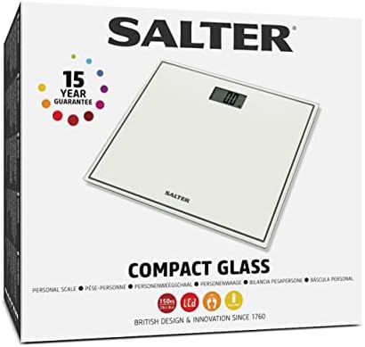 Salter 9207 WH3R Compact Electronic Bathroom Scale, Digital Easy Read Display, Step On Activation, Toughened Glass Platform Body Weighing Scales, Max. Weight 150 KG/330 lbs, 15-Year Guarantee, White