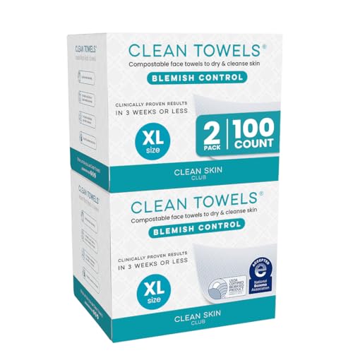 Image of Clean Skin Club Blemish Control Clean Towels XL, Compostable Face Towels, Eczema Association Accepted Disposable Face Towelette, Makeup Remover Dry Wipes, 2 Packs, 100 Ct Total