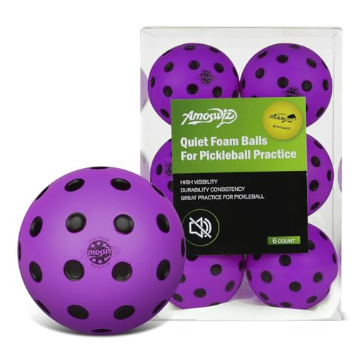 Amoswiz Silent Pickleball-Bälle, 6 Stück, lila, leiser Schaumstoffball für Innen- und Außenbereich, geräuschreduzierend, weiche Pickleball-Übungsbälle mit 40 simulierten konkaven Löchern