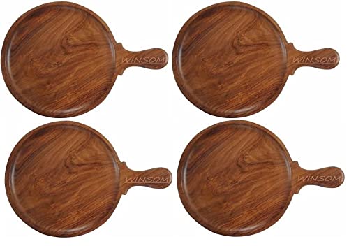 Image of WSN Wooden Round Pizza Plate With Handle Bat Board (13 * 9 Inches, Brown) Rosewood Pizza BAT For Serving (4 Pcs Set)